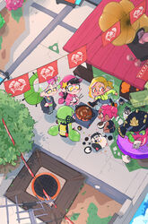  agent_3_(splatoon) agent_4_(splatoon) agent_8_(splatoon) callie_(splatoon) chopsticks dark_skin dj_octavio eating feline green_hair grey_shorts hat headgear headphones highres honeybvg inkling inkling_boy inkling_girl inkling_player_character jacket japanese_clothes judd_(splatoon) manhole_cover marie_(splatoon) octoling octoling_player_character octopus open_mouth orange_eyes orange_hair phonograph pink_eyes pink_hair shorts sitting splatoon_(series) splatoon_2 splatoon_2:_octo_expansion standing tentacle_hair tree umbrella yellow_jacket 