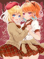  2girls :o beret black_choker blonde_hair blue_eyes bow breasts choker clothes_around_waist cowboy_shot hairbow hat heart highres holding_hands hololive hololive_english jacket jacket_around_waist long_sleeves looking_at_viewer medium_breasts medium_hair microskirt multicolored_hair multiple_girls official_alternate_costume orange_hair plaid plaid_bow plaid_skirt pleated_skirt ponytail red_eyes serino_itsuki shirt short_sleeves skirt smile takanashi_kiara virtual_youtuber watson_amelia white_shirt 