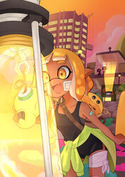  agent_4_(splatoon) bandaged_leg bandages black_tank_top city clothes_around_waist female green_jacket highres honeybvg inkling inkling_girl inkling_player_character jacket jacket_around_waist octoling octoling_player_character open_mouth orange_eyes orange_hair short_hair smile splatoon_(series) splatoon_2 squidbeak_splatoon sunset takozonesu tank_top water_tank zapfish 