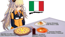  3d blonde_hair bow bowtie carbonara_(food) coffee culture_shock cup disappointed drinking_glass drinking_straw english_text espresso_(drink) fabarm_sat-8 female food fruit girls&#039;_frontline green_bow green_bowtie green_eyes gun hawaiian_pizza highres ice ice_cube italian_flag ketchup korean_commentary long_hair looking_down napolitan neck_ribbon ntka pasta pineapple pizza plate red_bow red_bowtie ribbon s.a.t.8_(girls&#039;_frontline) sausage shotgun simple_background solo spaghetti striped_bow striped_bowtie striped_clothes table upper_body very_long_hair weapon white_background white_ribbon 