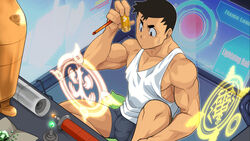  1boy bad_source bara battery biceps black_hair building bulge gyee hou_(gyee) laboratory male_focus male_underwear muscular muscular_male nipples official_art pectoral_cleavage pectorals pillow red_eyes repairing screen screen_light short_hair sideburns sidepec sitting solo sweat sweatdrop tank_top thick_arms thick_eyebrows underwear 