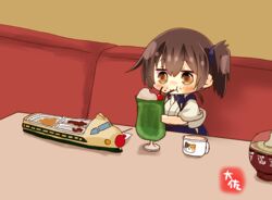  bad_id bad_twitter_id blue_hakama bowl brown_eyes brown_hair cherry chibi commentary cup drink drinking drinking_straw female food food_on_face fruit ground_vehicle hakama hakama_short_skirt hakama_skirt happy japanese_clothes kaga_(kancolle) kantai_collection long_hair mug skirt solo symbol-only_commentary taisa_(kari) tasuki toy toy_train 