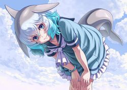  ascot bad_id bad_twitter_id blue_eyes blue_hair blue_sky blush bracelet cetacean_tail closed_mouth cloud collarbone common_bottlenose_dolphin_(kemono_friends) day female fish_tail grey_hair hands_on_own_knees highres jewelry kemono_friends kosai_takayuki leaning_forward looking_at_viewer outdoors short_hair short_sleeves sky smile solo tail wavy_hair white_ascot white_hair 