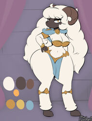  2024 2_horns absurd_res anthro armor armwear ass bell_(miso_souperstar) big_butt black_hooves black_nose blue_loincoth bottomwear bovid breasts caprine cleavage clothed clothing female front_view fur grey_horn half-closed_eyes hand_on_hip hi_res hooves horn huge_butt huge_thighs looking_at_viewer mammal medium_breasts miso_souperstar model_sheet narrowed_eyes orange_eyes pauldron sheep skimpy solo standing thick_thighs topwear white_body white_fur wide_hips wool_(fur) yellow_armwear yellow_bottomwear yellow_clothing yellow_topwear 