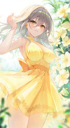  absurdres arm_up armpits bare_arms bare_shoulders bow bow_earrings breasts closed_mouth commentary cowboy_shot dress earrings female flower from_below grey_hair hair_between_eyes highres honkai:_star_rail honkai_(series) jewelry light_smile long_hair looking_at_viewer medium_breasts orange_bow petunia_(flower) pistachiocream sleeveless_turtleneck_dress solo stelle_(honkai:_star_rail) thighs trailblazer_(honkai:_star_rail) yellow_dress yellow_eyes yellow_flower 