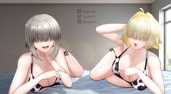  2girls absurdres animal_print arm_behind_head bikini blonde_hair breasts cleavage commentary cow_print crossover d.d.g_(ddg3420) elegg_(nikke) english_commentary facebook_logo facebook_username facing_another facing_viewer goddess_of_victory:_nikke grey_hair hair_over_eyes head_rest highres indoors large_breasts long_bangs lying multiple_girls naughty_face oerba_yun_fang on_stomach open_mouth pixiv_logo pixiv_username self-upload shadow short_hair skin_fang smile swimsuit talking tongue twitter_logo twitter_username uzaki-chan_wa_asobitai! uzaki_yanagi 