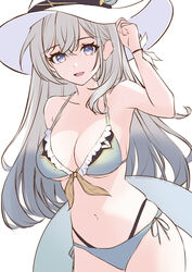  absurdres bikini blue_bikini breasts cleavage cowboy_shot female firefly_(honkai:_star_rail) frilled_bikini frills front-tie_top grey_hair hat highres honkai:_star_rail honkai_(series) large_breasts long_hair looking_at_viewer navel open_mouth purple_eyes reachizu smile solo stomach string_bikini sun_hat swimsuit 