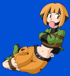  arms_behind_back ball_gag belly bondage bondage bound bound_arms bound_legs bound_wrists clenched_hand copyright_request gag gagged gardenia_(pokemon) highres midriff navel non-web_source raya100 tied_up_(nonsexual) worried 