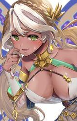  andromeda_(fate) andromeda_(first_ascension)_(fate) blonde_hair braid breasts cleavage crown_braid dark-skinned_female dark_skin fate/grand_order fate_(series) female green_eyes highres large_breasts long_hair low_twintails pon-de-c2 scratching_cheek twintails 