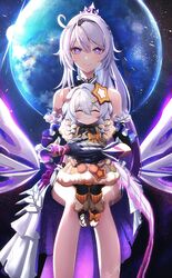  2girls absurdres ahoge bare_shoulders closed_eyes closed_mouth crown dead_angels elf_kiana hair_ornament happy_birthday highres honkai_(series) honkai_impact_3rd kiana_kaslana kiana_kaslana_(herrscher_of_finality) lolicon long_hair looking_at_viewer mixed-language_commentary multiple_girls planet sitting smile star_(symbol) star_hair_ornament twintails white_hair 