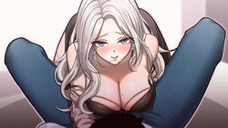  absurdres black_dress blue_eyes blue_pants blush breasts cleavage closed_mouth double_strap_slip dress earrings eyelashes female gotica highres jewelry large_breasts lee_rein long_hair mole mole_on_breast mole_under_eye pants pov sweat tearing_up thighlet virtual_youtuber vlyz white_hair 