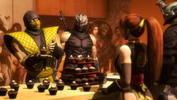  3boys 3d 4girls armor black_gloves black_hair blue_eyes bodysuit breasts brown_hair choker cleavage crossover cupcake dead_or_alive excalibur fingerless_gloves food gloves helmet jade kasumi_(doa) large_breasts lonefirewarrior long_hair mask mileena mortal_kombat multiple_boys multiple_girls muscle ninja ninja_gaiden no_pupils nyx_(warframe) pelvic_curtain ponytail raiden ryu_hayabusa scorpion_(mortal_kombat) short_hair skin_tight soul_calibur sword tagme taki_(soulcalibur) tenno thighhighs third-party_edit thumbs_up video_game warframe weapon yellow_eyes 