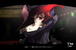  1boy akechi_gorou broken_mask brown_hair check_translation commentary_request fake_screenshot hair_between_eyes highres i&#039;m_such_a_fool kanro_(3637_3637) looking_at_viewer male_focus mask parted_lips persona persona_5 portrait red_eyes sad_smile smile solo spoilers tearing_up translation_request 