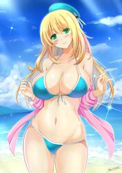  atago_(kancolle) beach beret bikini bikini_under_clothes blonde_hair blush breasts commentary_request female green_eyes hat highres kantai_collection large_breasts long_hair outdoors smile solo swimsuit the-sinner 