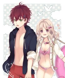  1boy bare_legs bird blonde_hair blush clouds collarbone cowboy_shot curly_hair diabolik_lovers fangs female flower green_eyes hair_ornament hair_ribbon hairpin hand_holding hood hoodie ichinose_(sorario) komori_yui looking_at_viewer looking_away navel necklace open_hoodie open_mouth petite pink_eyes red_hair ribbon sakamaki_ayato swimsuit teeth vampire 