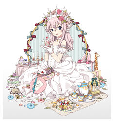  1boy bare_shoulders bottle bow box cake candelabra candlestand choker commentary_request creamer_(vessel) crossdressing crown cup dress envelope flower food fork fruit gift gift_box giraffe gloves hair_flower hair_ornament high_heels jewelry jewelry_box knife long_hair looking_at_viewer male_focus montanyaoh necklace open_mouth original otoko_no_ko photoshop_(medium) pink_hair plate ribbon rose smile solo sparkle strawberry teacup teapot wedding_dress 