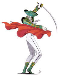  1boy absurdres artist_name cape fighting_stance full_body gloves hat highres kazuma_kaneko male_focus matador matador_(megami_tensei) megami_tensei muleta official_art red_cape retro_artstyle shin_megami_tensei shin_megami_tensei_ii signature skull solo sword weapon 