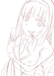  anna_nishikinomiya anthocyanin breasts commentary_request female headband large_breasts monochrome necktie shimoneta_to_iu_gainen_ga_sonzai_shinai_taikutsu_na_sekai solo tongue tongue_out zipper_pull_tab 