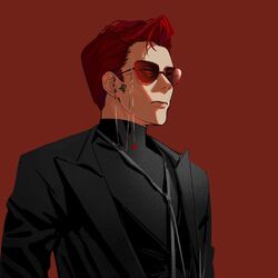  1boy black_suit closed_mouth crowley_(good_omens) demon_boy earrings formal good_omens hair_slicked_back highres jewelry logictesla looking_afar male_focus red-tinted_eyewear red_background single_earring slit_pupils snake_boy snake_tattoo solo string suit sweater tattoo tinted_eyewear turtleneck turtleneck_sweater upper_body yellow_eyes 