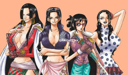  4girls arm_up black_hair blue_jacket boa_hancock breasts cape cleavage coat collared_shirt commentary cowboy_shot crop_top crossed_arms dress earrings epaulettes eyewear_on_head glasses hair_bun highres hime_cut holding holding_sword holding_weapon jacket jewelry long_hair looking_at_viewer looking_to_the_side midriff multiple_girls nico_robin one_piece orange_background pink_sarong purple_shirt riku_(rikuw223xx) sheath sheathed shirt sidelocks simple_background smile snake_earrings sweatdrop sword tashigi turtleneck turtleneck_dress twitter_username viola_(one_piece) weapon white_coat 