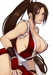  arm_guards breasts brown_eyes brown_hair center_opening closed_mouth commentary_request fatal_fury female from_side hair_ribbon high_ponytail japanese_clothes kimono large_breasts leaning_forward light_smile long_hair looking_at_viewer ninja no_bra obi red_kimono revealing_clothes ribbon sash shiranui_mai sideboob sideless_kimono simple_background solo tasuki the_king_of_fighters very_long_hair white_background white_ribbon white_sash yasunososaku 