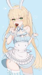  absurdres ahoge animal_ears argyle_clothes argyle_legwear artoria_caster_(fate) artoria_caster_(swimsuit)_(fate) artoria_caster_(swimsuit)_(second_ascension)_(fate) artoria_pendragon_(fate) bare_shoulders blonde_hair blue_dress blue_thighhighs blush breasts candy chocolate dress fake_animal_ears fate/grand_order fate_(series) female food green_eyes hairband heart heart-shaped_chocolate highres long_hair looking_at_viewer mati5572 puffy_short_sleeves puffy_sleeves rabbit_ears short_sleeves skirt small_breasts solo striped_clothes striped_thighhighs thighhighs thighs twintails vertical-striped_clothes vertical-striped_thighhighs white_skirt 