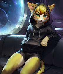  2023 4_fingers anthro avocado_(mythrava) bangs black_clothing black_hoodie black_hotpants black_topwear blonde_hair blush bottomwear brown_nose clothed clothing colored digital_media_(artwork) digital_painting_(artwork) eyebrows felid feline female fingers fur green_eyes hair hi_res hood hood_up hoodie hotpants inside jaguar long_tail looking_at_viewer mammal multicolored_body multicolored_fur multicolored_tail mythrava pantherine pink_inner_ear planet red_hair seat shaded short_hair shorts sitting smile smiling_at_viewer solo space space_station_13 spacecraft spots spotted_ears star tail topwear vehicle whiskers window yellow_body yellow_fur 