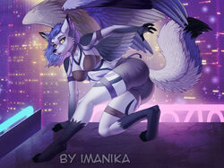  anthro ass barefoot black_body black_fur blue_body blue_fur blue_hair bottomwear bra breasts butt_pose canid canine canis city city_lights cityscape clothing crouching feet female fur fur_markings hair high_place imanika inner_ear_fluff lights looking_at_viewer mammal markings neon_sign night open_mouth paws pose rooftop shorts sign solo tuft underwear white_body white_fur wings wolf yellow_eyes 