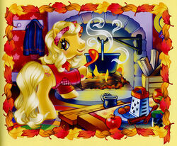  2007 apple autumn blonde_hair blonde_mane bottomless butterscotch_(g3) cinnamon_(spice) cinnamon_stick clothed clothed_feral clothing container cooking cup detailed_background earth_pony equid equine female feral fire fireplace firewood food fruit furniture hair hasbro horse inside log lyn_fletcher mammal mane mlp_g3 my_little_pony my_little_pony_(2003) official_art plant plate pony shirt shirt_only solo table tail topwear topwear_only wood yellow_body yellow_tail 