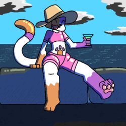  1:1 alcohol aliasing anthro asymmetrical_coloring beach beverage biped calico_cat cally_(theenyface) cel_shading closed_eyes clothed clothing detailed_background digital_media_(artwork) dipstick_tail domestic_cat felid feline felis female footprint full-length_portrait fur happy holding_beverage holding_object long_tail low_wall mammal markings orange_body orange_fur outside pawpads pawprint pawprint_(marking) portrait purple_body purple_fur sea seaside shaded sitting smile solo swimwear tail tail_markings theenyface water 