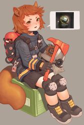  absurdres animal_ears animal_ears_helmet arknights axe bad_id bad_pixiv_id black_gloves blue_goose boots brown_eyes commentary_request female fire_helmet firefighter firefighter_jacket gloves grey_background helmet highres holding holding_axe jacket knee_pads korean_commentary light_brown_hair looking_at_viewer oxygen_tank shaw_(arknights) shorts solo squirrel_ears squirrel_girl squirrel_tail tail unworn_headwear unworn_helmet 