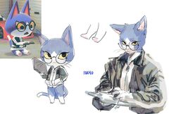  3_toes animal_crossing anthro biped black_eyes black_eyewear blue_body blue_ears blue_fur blue_tail book countershade_face countershading digital_media_(artwork) dipstick_tail domestic_cat eyewear feet felid feline felis fur glasses holding_book holding_object kemono kkron_m leg_markings long_sleeves male mammal markings monotone_inner_ear multicolored_body multicolored_fur nintendo pawpads pink_inner_ear pink_pawpads reference_image round_glasses semi-anthro simple_background socks_(marking) solo standing tail tail_markings thin_tail toes tom_(animal_crossing) two_tone_body two_tone_fur two_tone_tail whiskers white_background white_body white_countershading white_feet white_fur white_hands white_tail white_tail_tip yellow_sclera zipper 