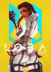  absurdres apex_legends ass backlighting braid breasts character_name commentary copyright_name corset cropped_jacket dark-skinned_female dark_skin earrings english_commentary eyelashes eyeshadow facial_mark female fingerless_gloves from_behind gloves hair_slicked_back highres jewelry large_breasts lips loba_(apex_legends) looking_at_viewer looking_back makeup monori_rogue nose pants photoshop_(medium) skin_tight solo staff thick_eyebrows thighhighs twin_braids undercut white_pants 