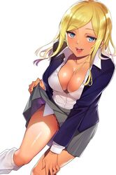  blonde_hair blue_eyes blue_jacket blush breasts cleavage collarbone collared_shirt dark-skinned_female dark_skin destiny_lovers dress_shirt female grey_skirt gyaru higuchi_karen jacket kogal large_breasts leaning_forward long_hair long_sleeves looking_at_viewer loose_socks open_clothes open_jacket open_mouth shirt simple_background skirt smile socks solo swept_bangs thighs tomohiro_kai white_background white_shirt 