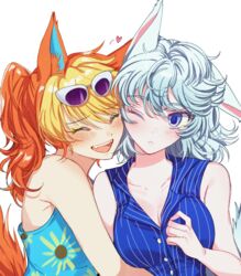  2girls animal_crossing animal_ears audie_(animal_crossing) blue_eyes blush closed_eyes closed_mouth eyewear_on_head fangs hug humanization multiple_girls one_eye_closed paraffin pink_hair smile tail teeth upper_teeth_only white_hair whitney_(animal_crossing) wolf_ears wolf_girl wolf_tail yuri 