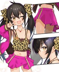  animal_print black_hair blush camisole clothes_down cowboy_shot female gengorou hair_between_eyes heart heart_necklace highres idolmaster idolmaster_cinderella_girls jacket jewelry leopard_print long_hair looking_at_viewer matoba_risa miniskirt multiple_views navel necklace one_eye_closed open_clothes open_jacket open_mouth pink_jacket print_camisole print_ribbon ribbon skirt smile strap_slip twintails v yellow_eyes 