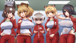  5girls absurdres animal_ears arm_up bare_arms bare_shoulders bear_ears black_eyes breast_envy breasts brown_bear_(kemono_friends) brown_eyes brown_hair closed_mouth collarbone covered_navel covered_nipples cowboy_shot dressing emperor_penguin_(kemono_friends) extra_ears grey_hair hair_over_one_eye hand_on_own_hip hand_up hands_on_own_chest hands_up headphones height_difference highleg highleg_leotard highres huge_breasts impossible_clothes impossible_leotard impossible_shirt indoors jacket jaguar_(kemono_friends) jaguar_ears jaguar_tail japari_symbol kemono_friends kemono_friends_3 leotard leotard_under_clothes light_brown_hair lion_(kemono_friends) lion_ears lion_tail looking_at_another looking_down medium_hair meerkat_(kemono_friends) meerkat_ears meerkat_tail midriff_peek morimasakazu multicolored_hair multiple_girls navel oerba_yun_fang open_clothes open_jacket open_mouth pants pocket puffy_nipples red_hair red_jacket red_pants shirt short_hair side-by-side sidelocks small_breasts smile stomach streaked_hair striped swept_bangs tail track_jacket track_pants track_suit two-tone_hair unzipped vertical_stripes white_hair white_leotard white_shirt zipper zipper_pull_tab 