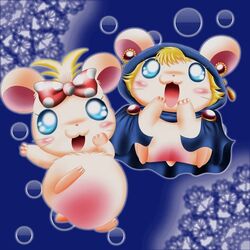  1:1 2013 ass better_version_at_source blonde_hair blue_background blue_eyes blush bow_accessory cloak clothing cricetid duo eyelashes female feral fur fur_tuft hair hamster hamtaro_(series) hamuaki_kun irreplaceable_bvas jewelry lapis_(hamtaro) lazuli_(hamtaro) low-angle_view mammal open_mouth outline paws pink_butt rodent simple_background tuft unavailable_at_source white_outline worm&#039;s-eye_view 