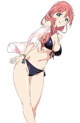  :q bikini black_bikini breasts commentary female front-tie_bikini_top front-tie_top green_eyes hair_ornament long_hair medium_breasts pink_hair shoujo_kageki_revue_starlight shoujo_kageki_revue_starlight_-re_live- side-tie_bikini_bottom simple_background smile solo swimsuit tongue tongue_out tsuruhime_yachiyo umanosuke white_background 