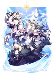  1boy 2girls animal_ear_fluff animal_ears arknights arm_up bare_shoulders bell belt bird black_belt black_gloves black_hair black_jacket blue_sky braid breasts brother_and_sister cabbie_hat cliffheart_(arknights) cloud commentary crescentia_fortuna day dress english_commentary fur_trim gloves grey_eyes grey_hair hair_between_eyes hat head_chain highres holding holding_bell jacket jewelry leopard_ears leopard_tail long_hair medium_breasts mountain multicolored_hair multiple_girls necklace open_mouth parted_lips pouch pramanix_(arknights) siblings signature silverash_(arknights) sisters sky sleeveless smile snowflakes streaked_hair tail tenzin_(arknights) turtleneck turtleneck_dress twin_braids white_dress white_headwear 