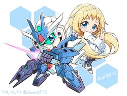  2019 back-to-back beam_saber blonde_hair blue_eyes chibi dated dress earthree_gundam eve_(gundam_build_divers_re:rise) female gun gundam gundam_build_divers gundam_build_divers_re:rise hexagon mecha robot science_fiction shokkaa_(shmz61312) v-fin weapon white_dress 