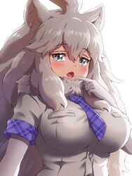  animal_ears big_hair blue_eyes blue_necktie blush breasts close-up commentary_request elbow_gloves female finger_to_mouth fur_collar gloves highres kemono_friends kemono_friends_3 large_breasts lion_ears lion_girl long_hair necktie oerba_yun_fang open_mouth plaid_necktie plaid_trim shirt short_sleeves solo tayuura_(kuwo) white_gloves white_hair white_lion_(kemono_friends) white_shirt 