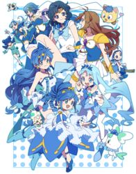  6+girls ahoge ai_tenshi_densetsu_wedding_peach aizawa_mint angel_lily annotated antenna_hair armor bare_shoulders bishoujo_senshi_sailor_moon blue_bow blue_choker blue_dress blue_eyes blue_footwear blue_gloves blue_hair blue_skirt blue_theme blush bow brooch broom broom_riding brown_hair bubbles_(ppg) cape choker circlet closed_mouth coffret_(heartcatch_precure!) collarbone color_connection commentary crossover cure_marine dark_blue_hair dress earrings fingernails floating_hair flower flying fortissimo frills fushigiboshi_no_futago_hime genre_connection gloves green_eyes green_hair hair_ornament heart heart_brooch heart_earrings heartcatch_precure! houshou_hanon houshou_hanon_(idol) jama-p_(wedding_peach) jewelry kooribinu korean_commentary kurumi_erika kyukyu light_blue_hair light_blush long_hair looking_at_another magic_knight_rayearth magical_girl mahou_shoujo_madoka_magica mahou_shoujo_madoka_magica_(anime) medium_hair mermaid_melody_pichi_pichi_pitch mew_mint miki_sayaka miki_sayaka_(magical_girl) mizuno_ami multiple_crossover multiple_girls musical_note musical_note_hair_ornament ojamajo_doremi open_mouth pauldrons powerpuff_girls precure rein_(futagohime) ryuuzaki_umi sailor_mercury sailor_senshi_uniform senoo_aiko short_hair shoulder_armor skirt smile star_(symbol) star_earrings star_hair_ornament super_sailor_mercury tanima_yuri tokyo_mew_mew trait_connection vambraces white_cape white_flower white_gloves wings 