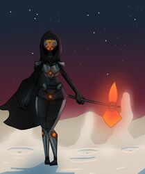  2019 alien alien_humanoid armor axe black_clothing cape clothing female glowing glowing_armor glowing_axe glowing_mask glowing_weapon grey_clothing hi_res holding_axe holding_object holding_weapon hood humanoid mask night orange_clothing outside simple_background solo squablodecomplash star weapon 