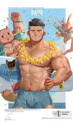  1boy abs bara beach black_hair blue_eyes blue_male_swimwear blue_shirt borrowed_character chest_hair confetti dark-skinned_male dark_skin facial_hair flower flower_necklace goo_(koushishikou11) grin hairy hand_on_own_hip highres holding holding_surfboard jewelry lei looking_at_viewer male_focus male_swimwear muscular muscular_male navel_hair necklace ocean original party_horn party_popper pectorals pinyin_text sandals scar scar_on_cheek scar_on_face shark_boy_(gou_mangwu) shirt shore sifu_(goo) signature silu_(goo) smile sticker summer surfboard tattoo topless_male water 