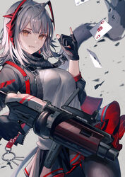  \m/ absurdres ace_(playing_card) ace_of_spades arknights black_jacket black_pantyhose black_scarf black_skirt breasts card commentary_request cowboy_shot demon_horns female fingerless_gloves four_of_clubs gloves grenade_launcher grey_background grey_hair grey_shirt gun highres holding holding_gun holding_weapon horns jacket king_(playing_card) king_of_hearts_(playing_card) looking_at_viewer medium_breasts nomuraumu open_clothes open_jacket pantyhose parted_lips playing_card red_nails scarf shirt short_hair skirt solo spade_(shape) w_(arknights) weapon yellow_eyes 