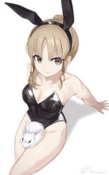  animal_ears black_leotard brown_eyes bunny_day fake_animal_ears female hair_bun highres leotard light_brown_hair namiura nijisanji parted_bangs playboy_bunny rabbit_ears sister_claire solo strapless strapless_leotard virtual_youtuber white_rabbit_(animal) 