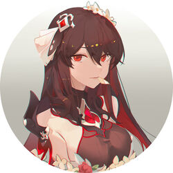  absurdres black_hair breasts chinese_commentary closed_mouth colored_inner_hair commentary_request female flower hair_between_eyes hair_flower hair_ornament highres honkai_(series) honkai_impact_3rd krao long_hair looking_at_viewer multicolored_hair partial_commentary red_eyes red_hair seele_(alter_ego) seele_vollerei seele_vollerei_(starchasm_nyx) solo two-tone_hair 