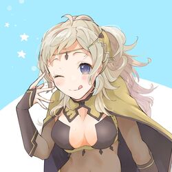  ;p alternate_hairstyle asymmetrical_bangs blonde_hair bodystocking breasts bridal_gauntlets cape circlet cleavage female fire_emblem fire_emblem_fates grey_eyes large_breasts licking_lips long_hair looking_at_viewer one_eye_closed ophelia_(fire_emblem) ponytail sakura_no_yoru solo tongue tongue_out turtleneck upper_body 