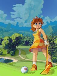  :o absurdres ball blue_eyes breasts brown_hair cloud crown dress english_commentary female fingerless_gloves full_body gloves golf_ball golf_club golf_daisy highres holding holding_golf_club looking_away mario_(series) mario_golf mario_golf:_world_tour official_alternate_costume open_mouth outdoors pond princess_daisy short_hair sky solo standing trail tree wamudraws white_gloves 